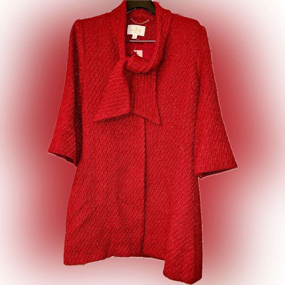 Chic Red and Metallic Gold Pea Coat with Built in Scarf